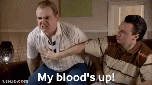 Two Men Sitting On Couch Saying My Blood's Up GIF