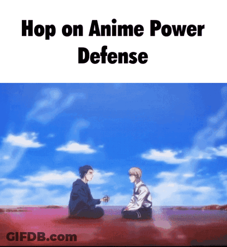 Two Men Sitting On Ground Hop On Anime Power Defense GIF