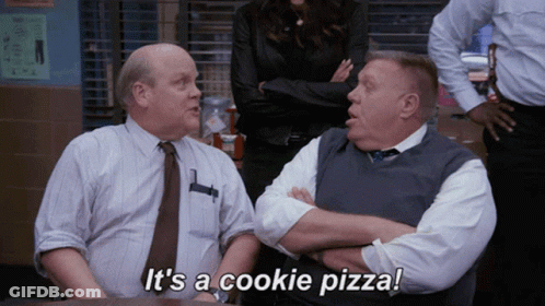 Two Men Sitting Saying It's A Cookie Pizza GIF