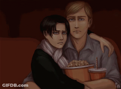 Two Men Sitting With Soda And Popcorn By Meli GIF