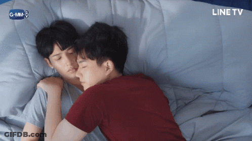 Two Men Sleeping On Bed With Line TV Logo GIF