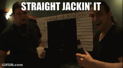 Two Men Stand In Front Of A Board That Says Straight Jackin ' It GIF