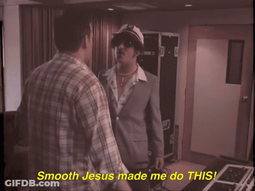 Two Men Standing Before Mixer Saying Smooth Jesus Made Me Do This GIF