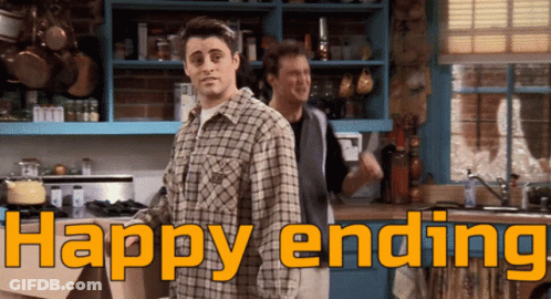 Two Men Standing In A Kitchen With The Words Happy Ending In Yellow GIF