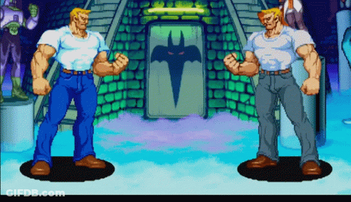Two Men Standing In Front Of A Door With A Bat Shadow In The Background GIF