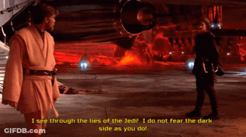 Two Men Standing In Front Of A Plane With The Words I See Through The Lies Of The Jedi GIF
