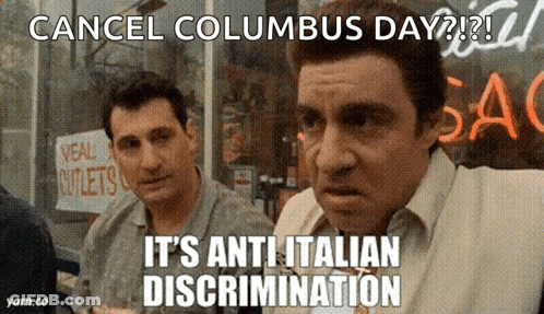 Two Men Standing In Front Of A Store That Says " Cancel Columbus Day " On It GIF