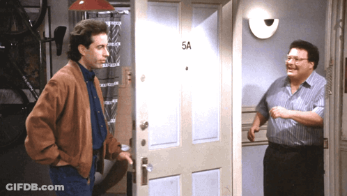 Two Men Standing In Front Of Door Saying 5A GIF