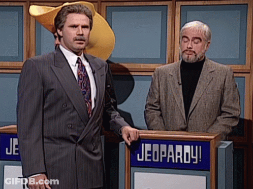Two Men Standing In Front Of Jeopardy Sign GIF