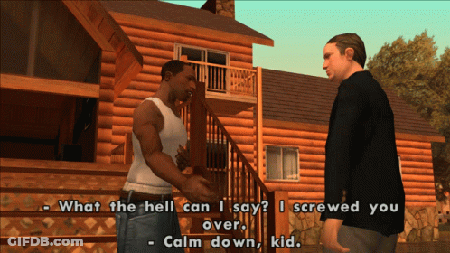 Two Men Standing In Front Of Log Cabin Talking GIF