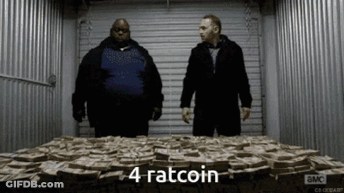 Two Men Standing In Front Of Money Pile Saying 4 Ratcoin GIF