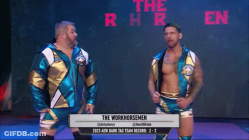 Two Men Standing In Front Of Screen Saying The Workhorsemen GIF