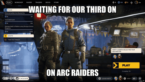 Two Men Standing In Front Of Screen Saying Waiting For Our Third On Arc Raiders GIF