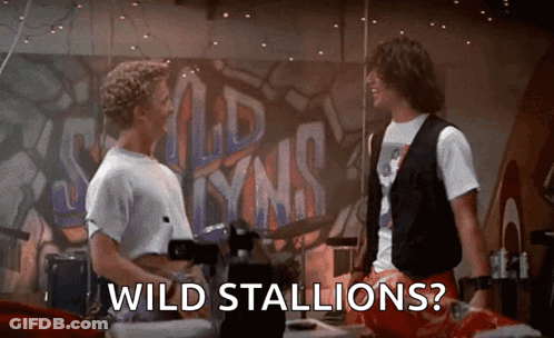 Two Men Standing In Front Of Wild Stallions Wall GIF