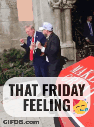 Two Men Standing Next To A Red Car With The Words That Friday Feeling On The Bottom GIF