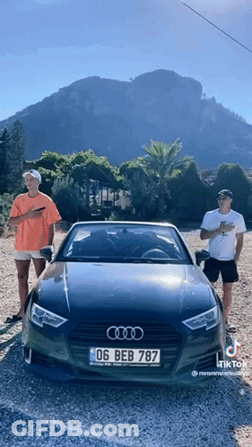 Two Men Standing Next To An Audi With A License Plate That Reads 06 Beb 787 GIF