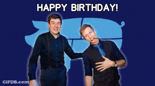 Two Men Standing Next To Each Other In Front Of A Blue Background That Says " Happy Birthday " GIF