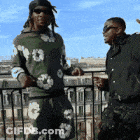 Two Men Standing Next To Each Other On A Balcony With One Wearing Sunglasses GIF