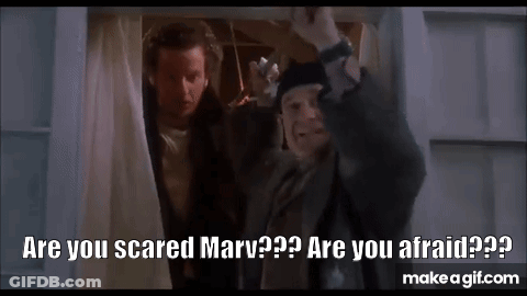 Two Men Standing Next To Each Other One Asking If Scared GIF