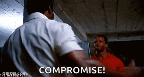 Two Men Standing Next To Each Other Saying Compromise GIF