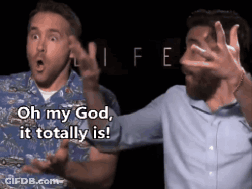 Two Men Standing Next To Each Other Saying Oh My God It Totally Is GIF