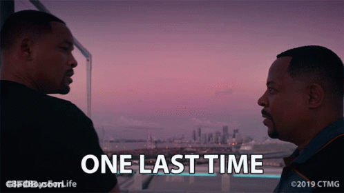 Two Men Standing Next To Each Other Saying One Last Time GIF