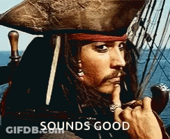 Two Men Standing Next To Each Other Saying Pirate Time GIF