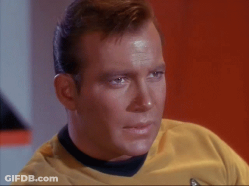 Two Men Standing Next To Each Other Saying Please Captain Not In Front Of The Klingons GIF