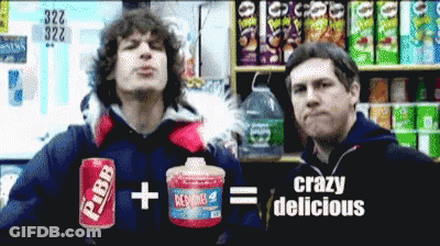 Two Men Standing Next To Each Other With A Can Of Pibb On The Left GIF