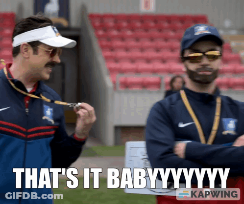 Two Men Standing Next To Each Other With A Caption That Says That 'S It Babyyyyy GIF