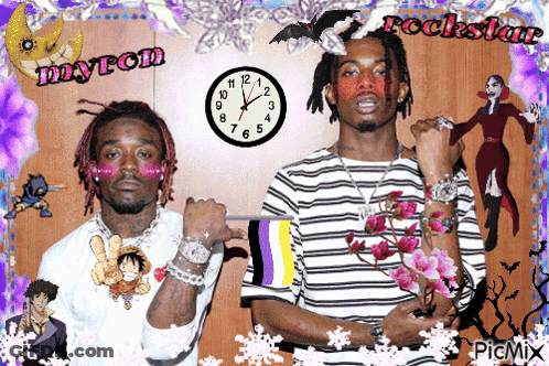 Two Men Standing Next To Each Other With A Clock That Says Rockstar GIF
