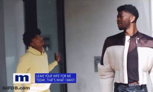 Two Men Standing Next To Each Other With A Sign That Says " Leave Your Wife For Me Today " GIF