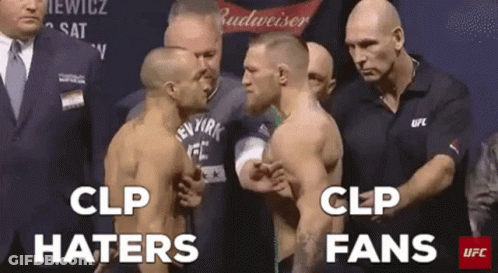 Two Men Standing Next To Each Other With Clp Haters And Clp Fans Written On The Bottom Of The Image GIF