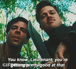 Two Men Standing Next To Each Other With One Saying You Know Lieutenant You 'Re Getting Pretty Good At That .. GIF