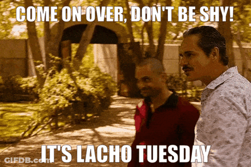 Two Men Standing Next To Each Other With The Caption Come On Over Don 'T Be Shy GIF