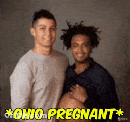 Two Men Standing Next To Each Other With The Caption " Ohio Pregnant " On The Bottom GIF