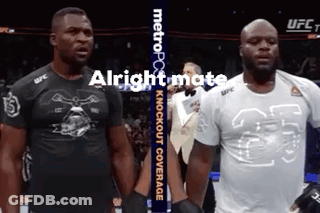 Two Men Standing Next To Each Other With The Words Alright Mate Knockout Coverage Written On The Bottom GIF