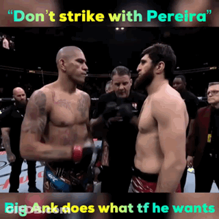 Two Men Standing Next To Each Other With The Words " Don 'T Strike With Pereira " On The Top GIF