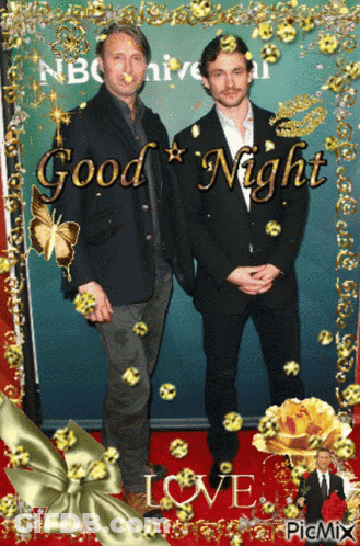 Two Men Standing Next To Each Other With The Words Good Night Written On The Bottom GIF