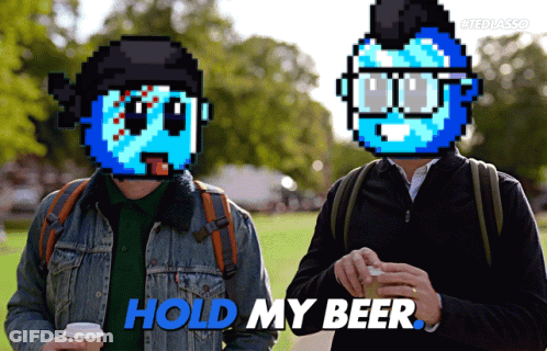 Two Men Standing Next To Each Other With The Words Hold My Beer On The Bottom Right GIF
