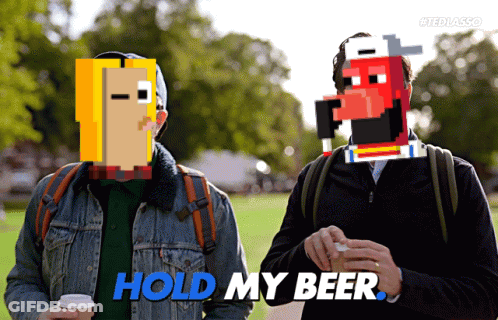 Two Men Standing Next To Each Other With The Words Hold My Beer GIF