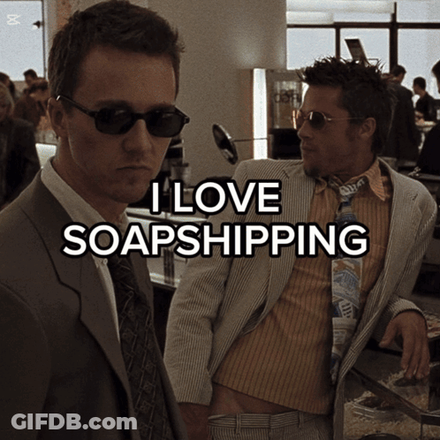 Two Men Standing Next To Each Other With The Words " I Love Soapshipping " On Top GIF