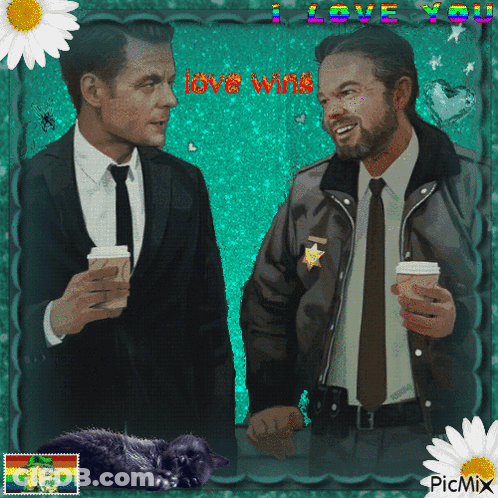 Two Men Standing Next To Each Other With The Words " I Love You " Written Above Them GIF