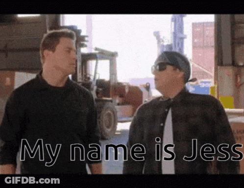 Two Men Standing Next To Each Other With The Words " My Name Is Jess " On The Screen GIF