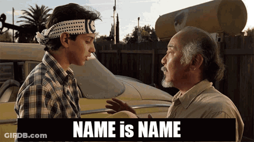 Two Men Standing Next To Each Other With The Words " Name Is Name " On The Bottom GIF