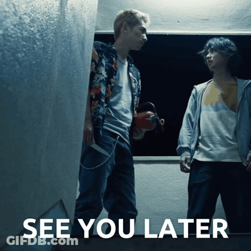 Two Men Standing Next To Each Other With The Words " See You Later " Below Them GIF