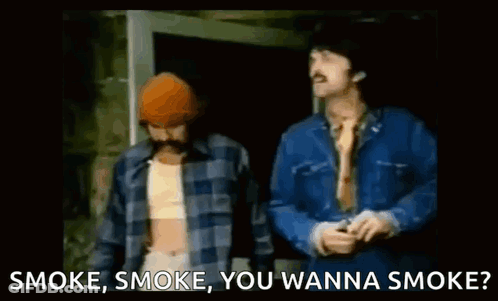 Two Men Standing Next To Each Other With The Words Smoke , Smoke , You Wanna Smoke Written Below Them . GIF