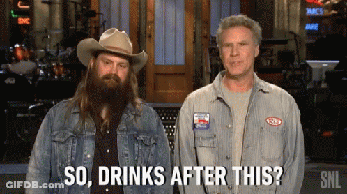 Two Men Standing Next To Each Other With The Words So Drinks After This Behind Them GIF
