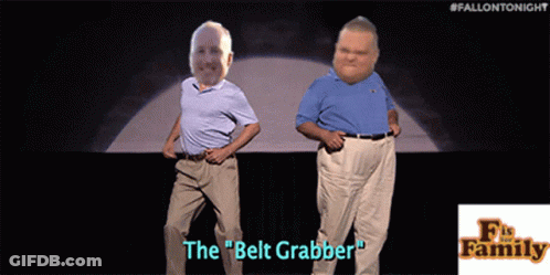 Two Men Standing Next To Each Other With The Words " The Belt Grabber " On The Bottom Right GIF
