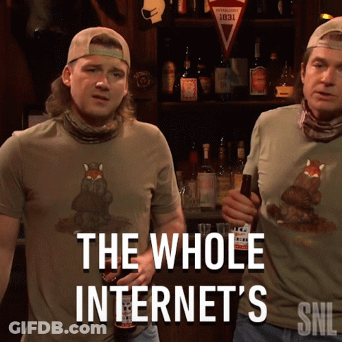 Two Men Standing Next To Each Other With The Words The Whole Internet 'S Snl On The Bottom GIF